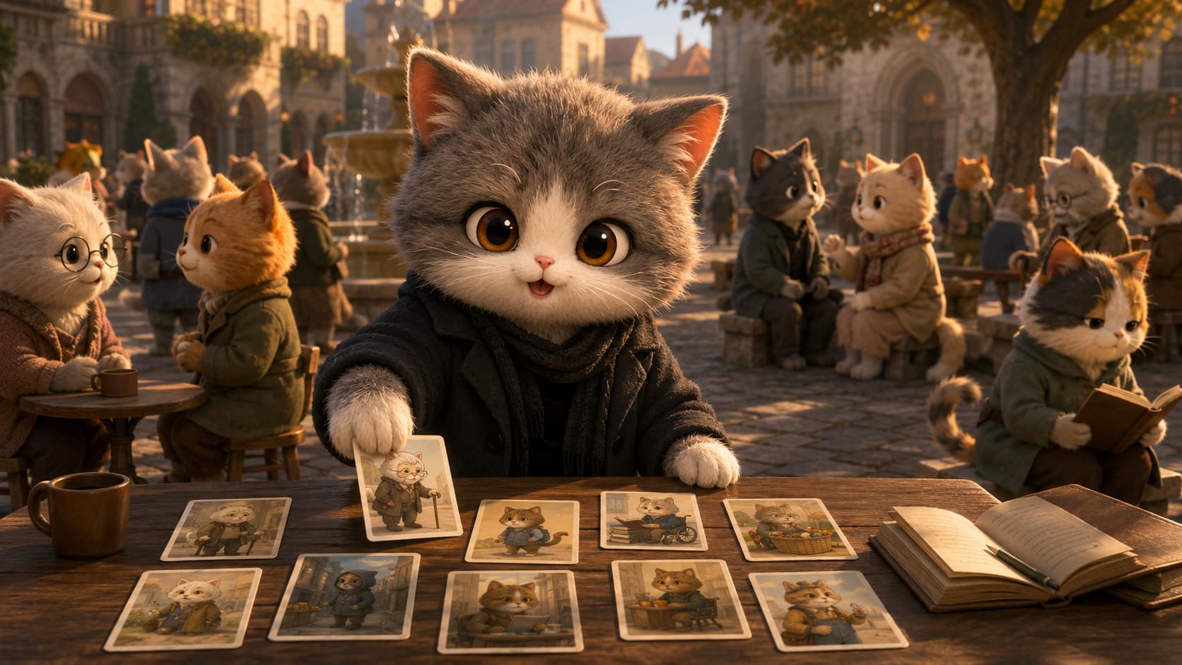 Hannah Arendt Cat places different residents' experience cards on a shared table while keeping every voice visible.