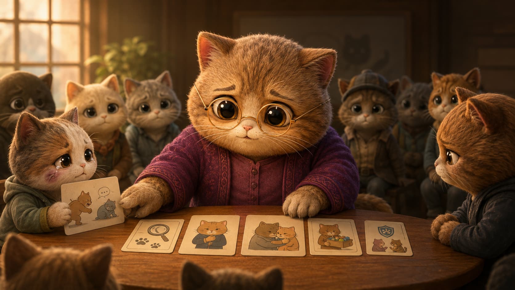 Desmond Tutu Cat supports an injured cat's record of events and places responsibility and repair plans on a shared table.