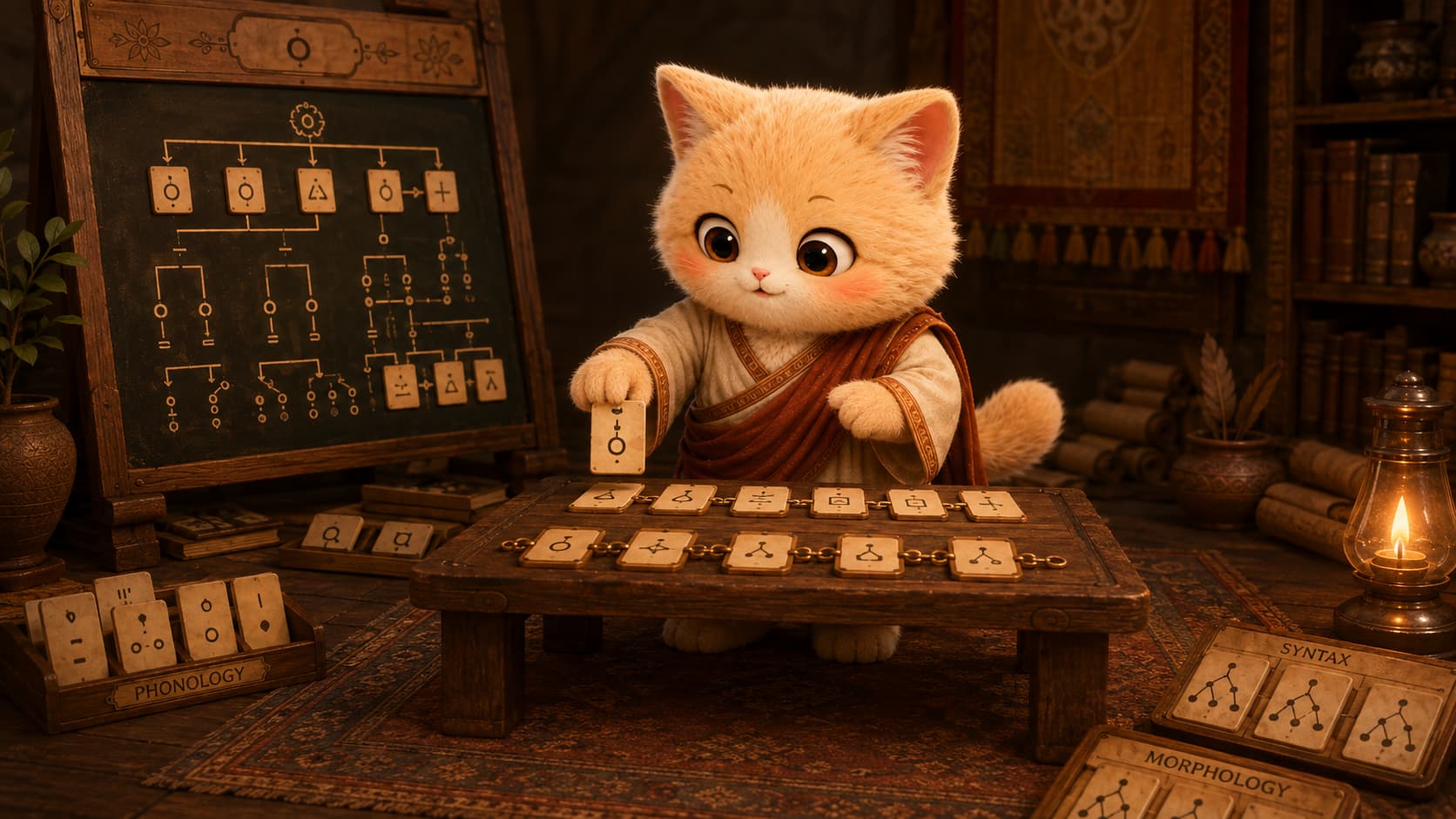 Panini Cat organizes changes in sounds, word forms, and sentences into connected language rules.