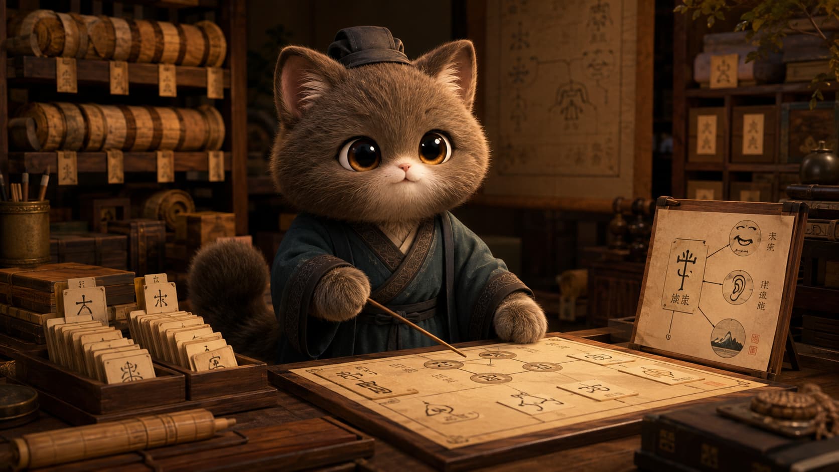 Xu Shen Cat groups related character cards and connects their forms, sounds, and meanings.