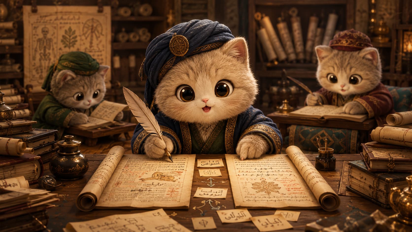Hunayn ibn Ishaq Cat and fellow translators compare versions in different languages and prepare an accurate translation.