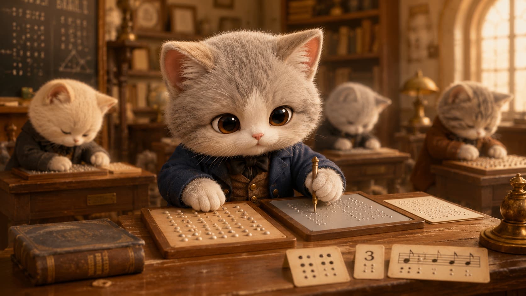 Louis Braille Cat reads a six-dot cell with a paw and writes a new pattern with a tactile tool.
