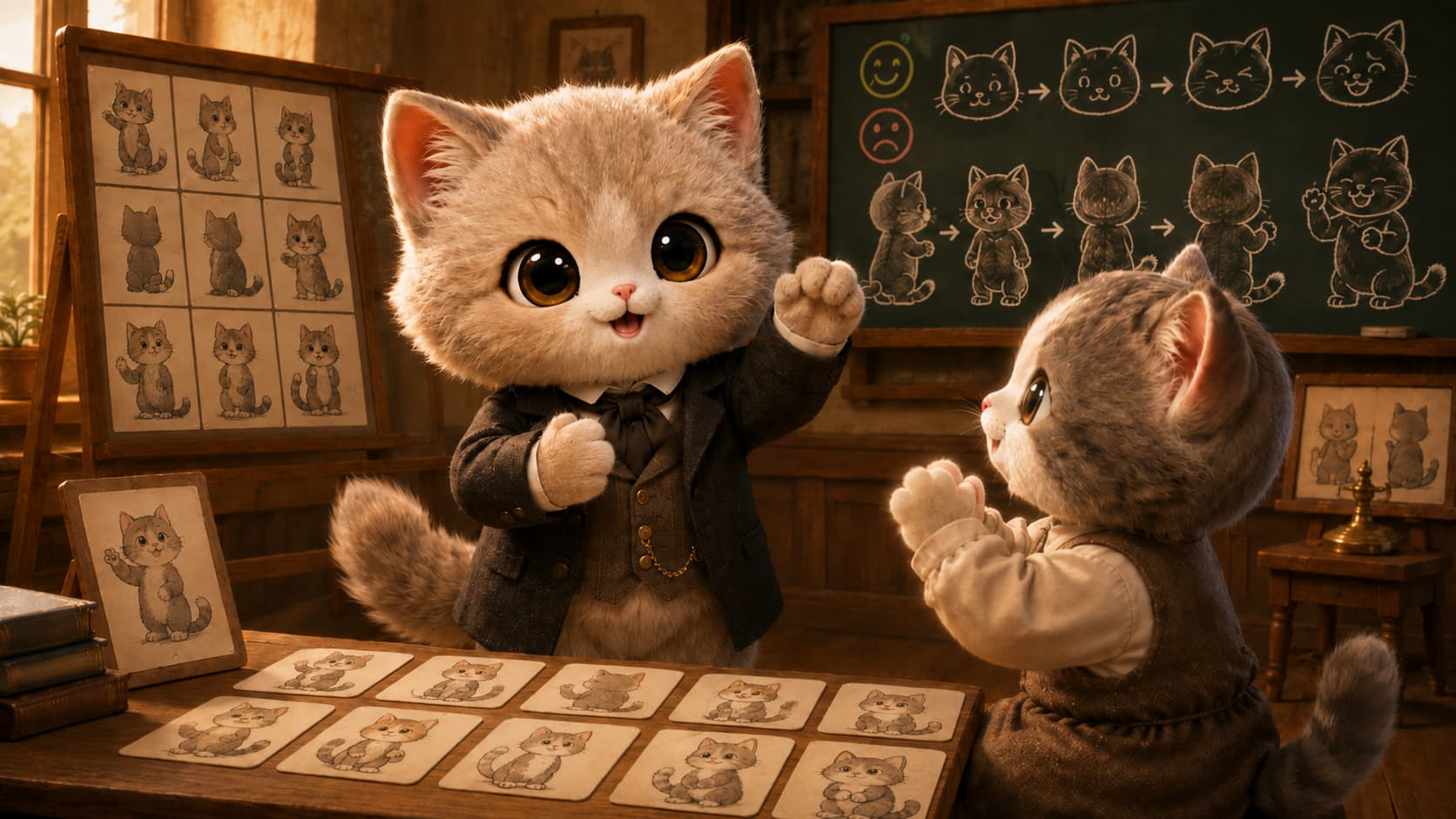 Laurent Clerc Cat communicates with learning cats through paw position, ear movement, expression, and body posture.