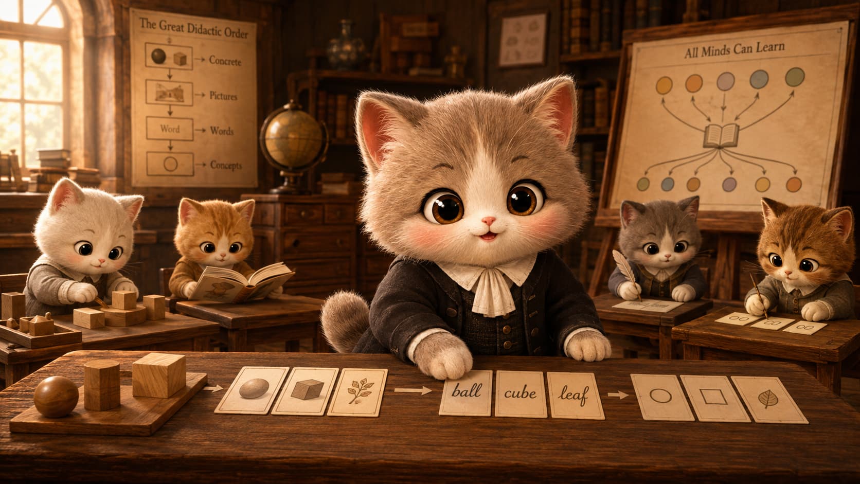 Comenius Cat arranges lessons from simple to difficult and keeps entry points open for learners with different starting points.