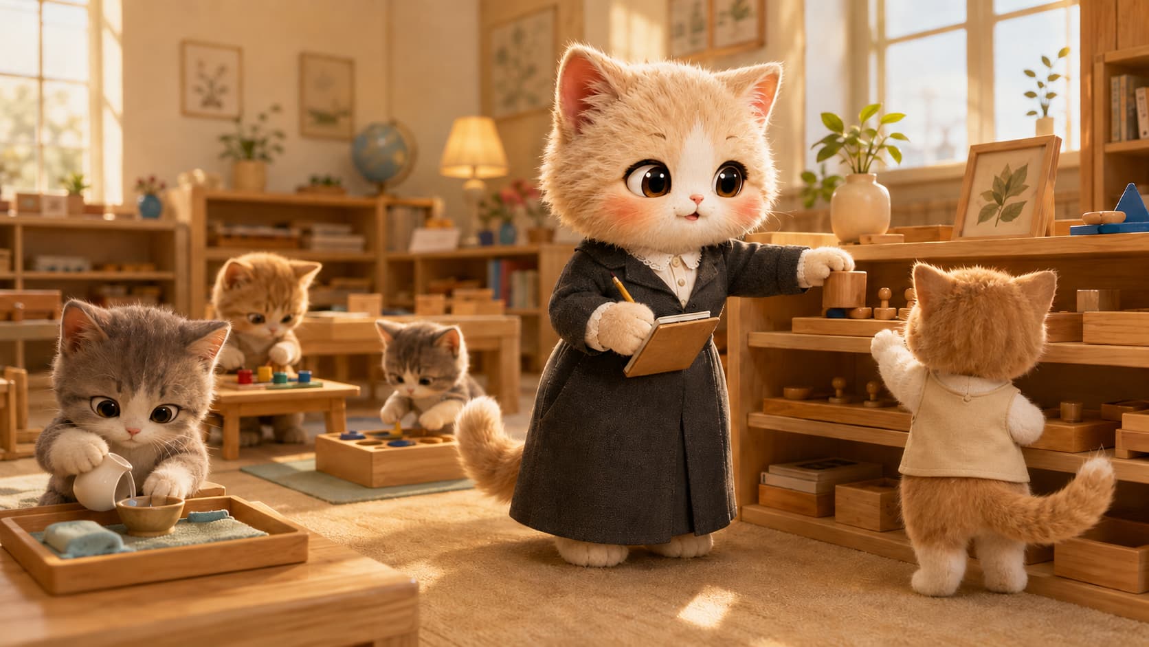 Maria Montessori Cat observes kittens learning and places suitable materials where they can choose them independently.