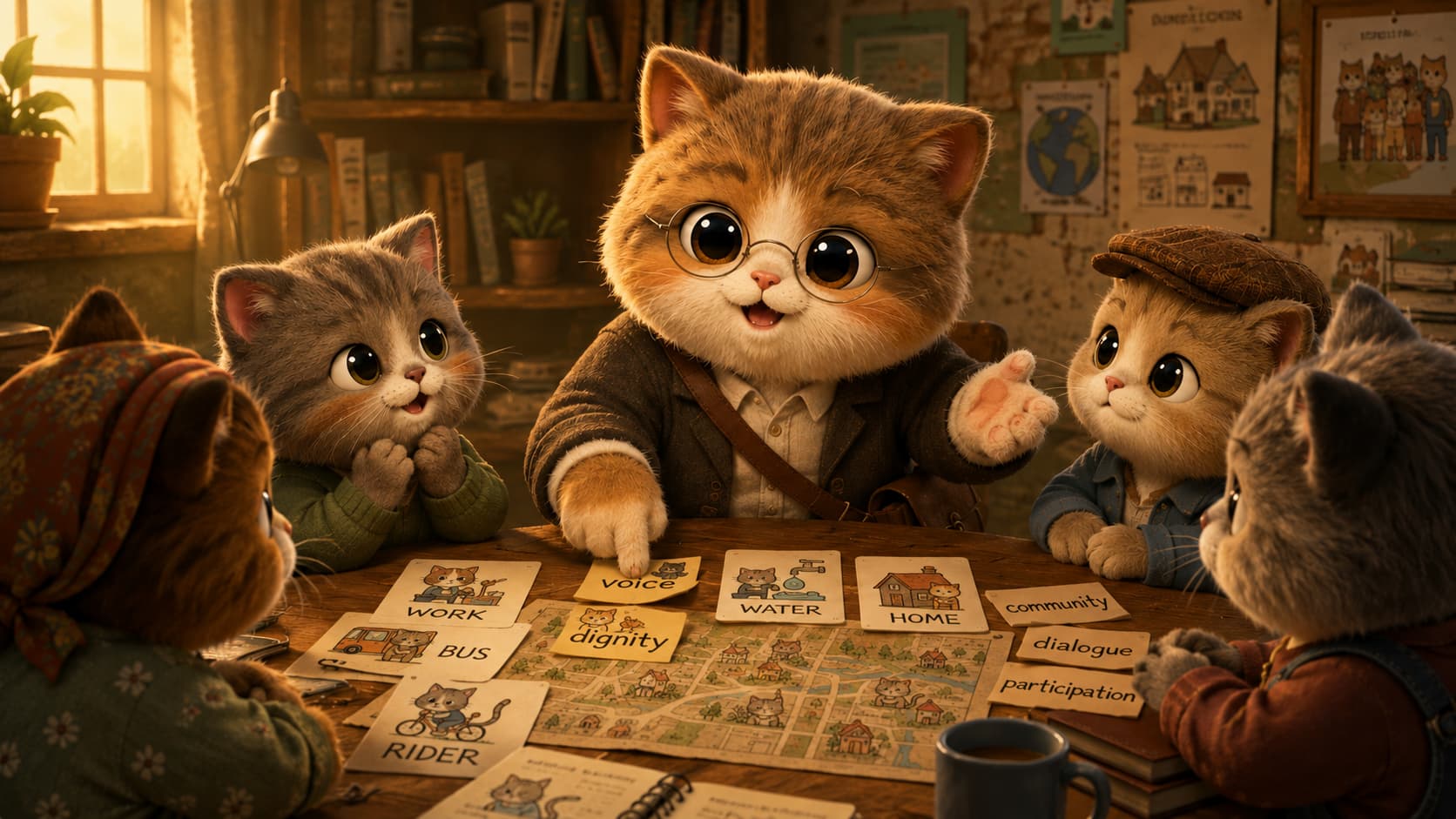 Paulo Freire Cat connects everyday-experience cards with written words and invites learning cats to ask questions.