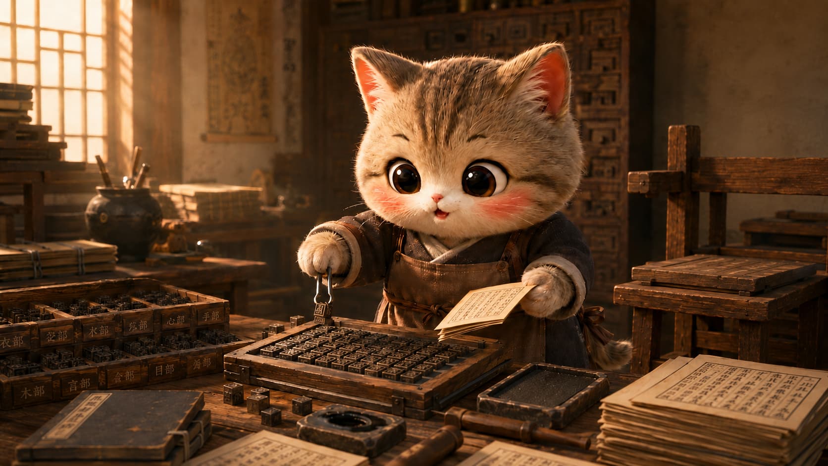 Bi Sheng Cat uses a small tool to arrange movable type and checks a freshly printed page.