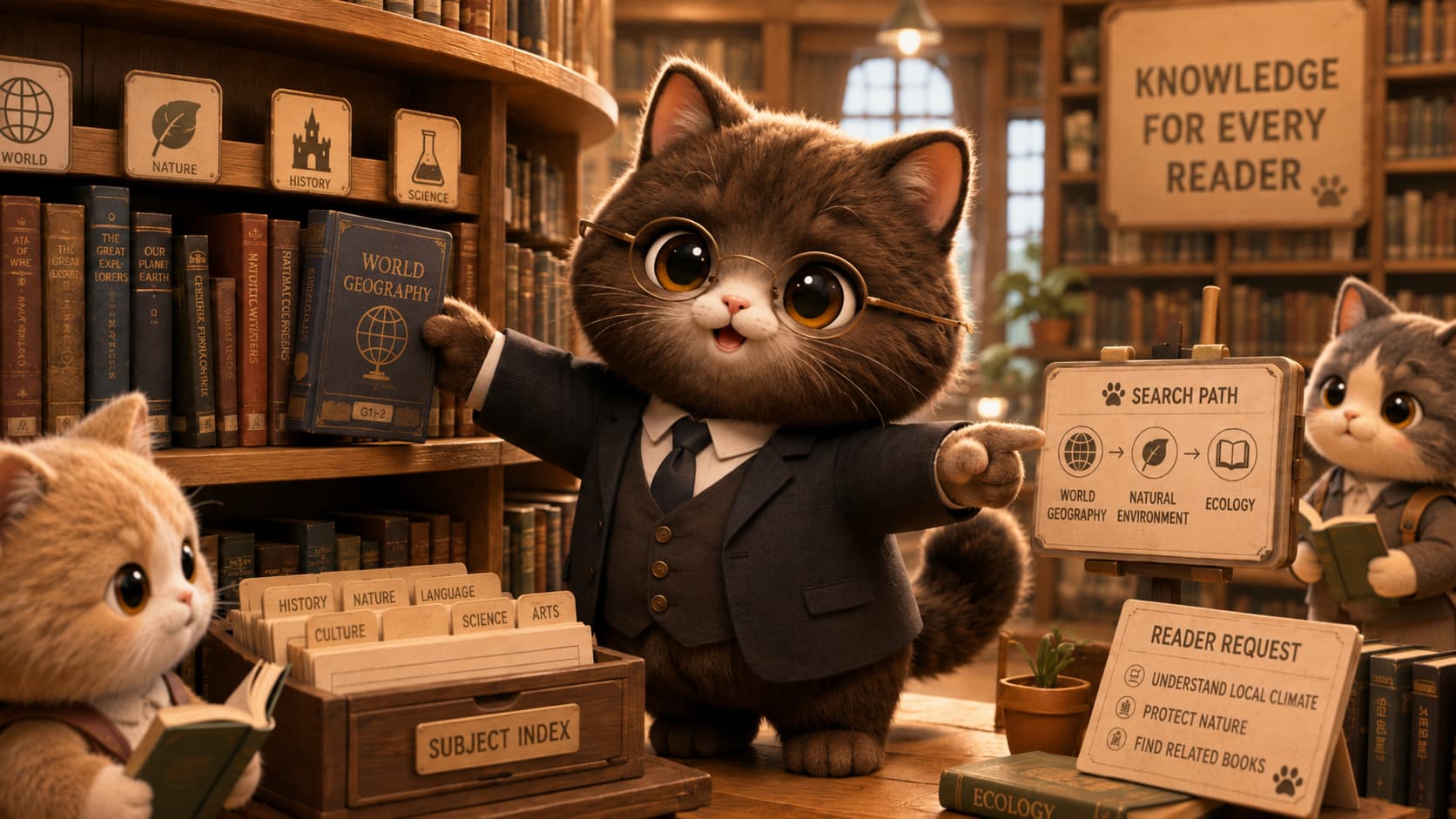 S. R. Ranganathan Cat uses a resident's request card to find a suitable book on open shelves.