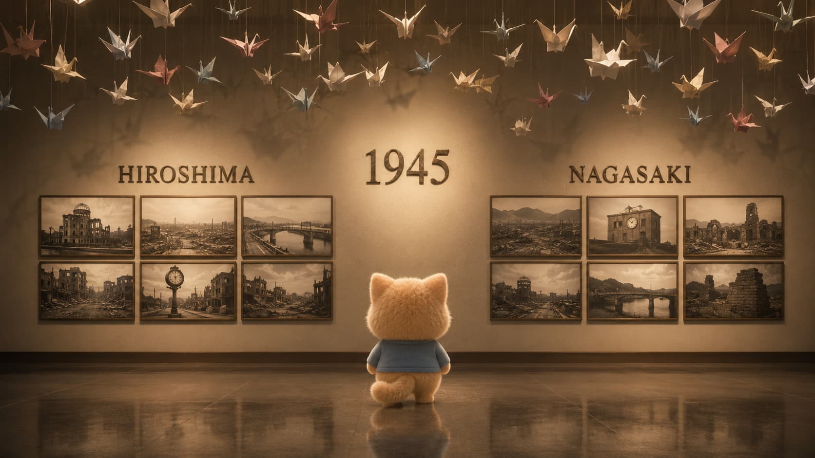 A quiet memorial hall with archival photographs and folded paper cranes.